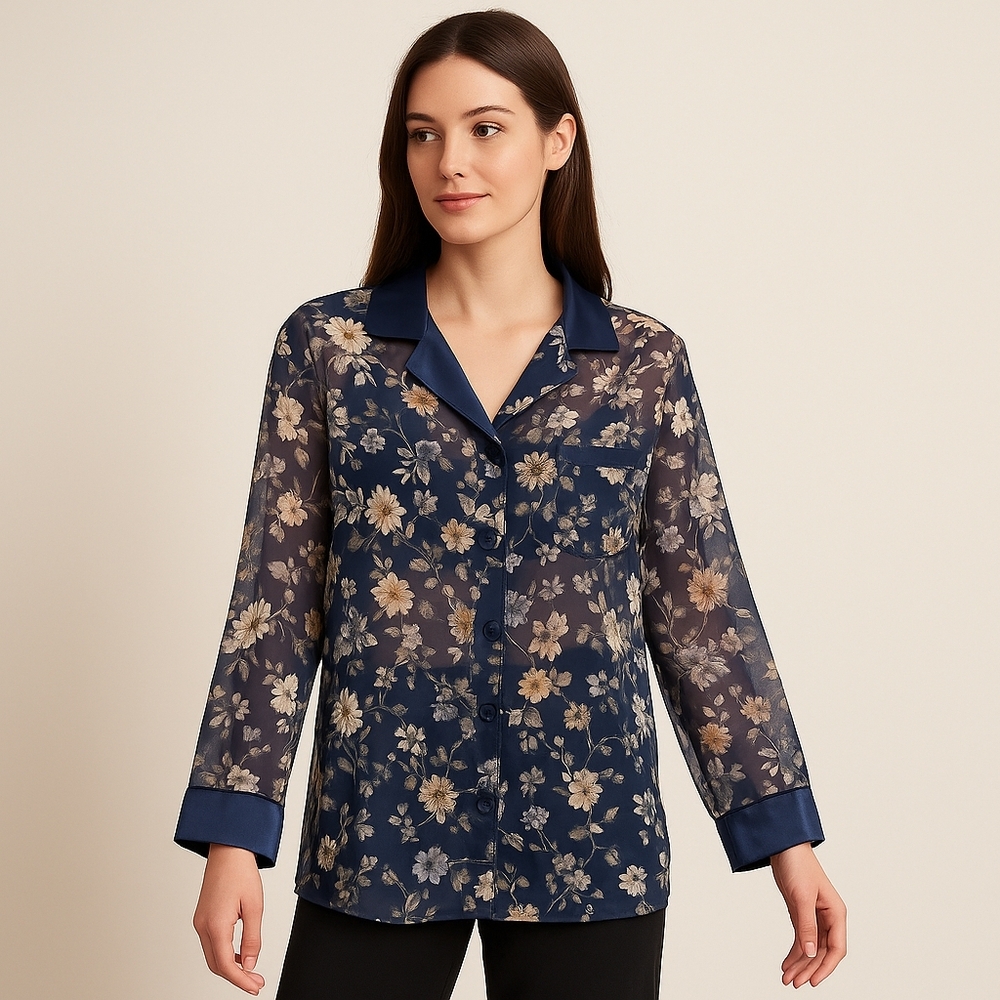 Secret Treasures Blue Floral Sheer Pajama Top Button Up Front Satin‎ Trim Size L